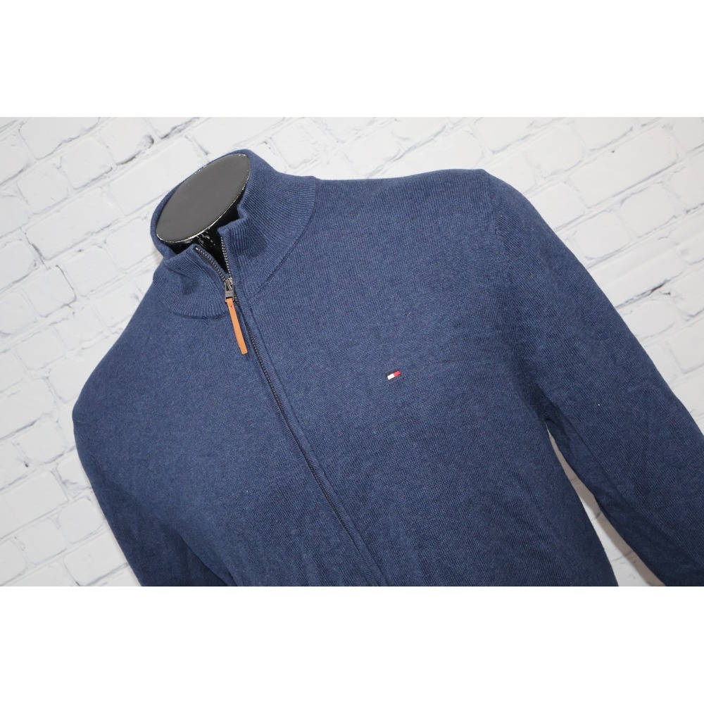Tommy Hilfiger Full Zip Sweater Mens XL Blue Cotton Mock Neck Logo